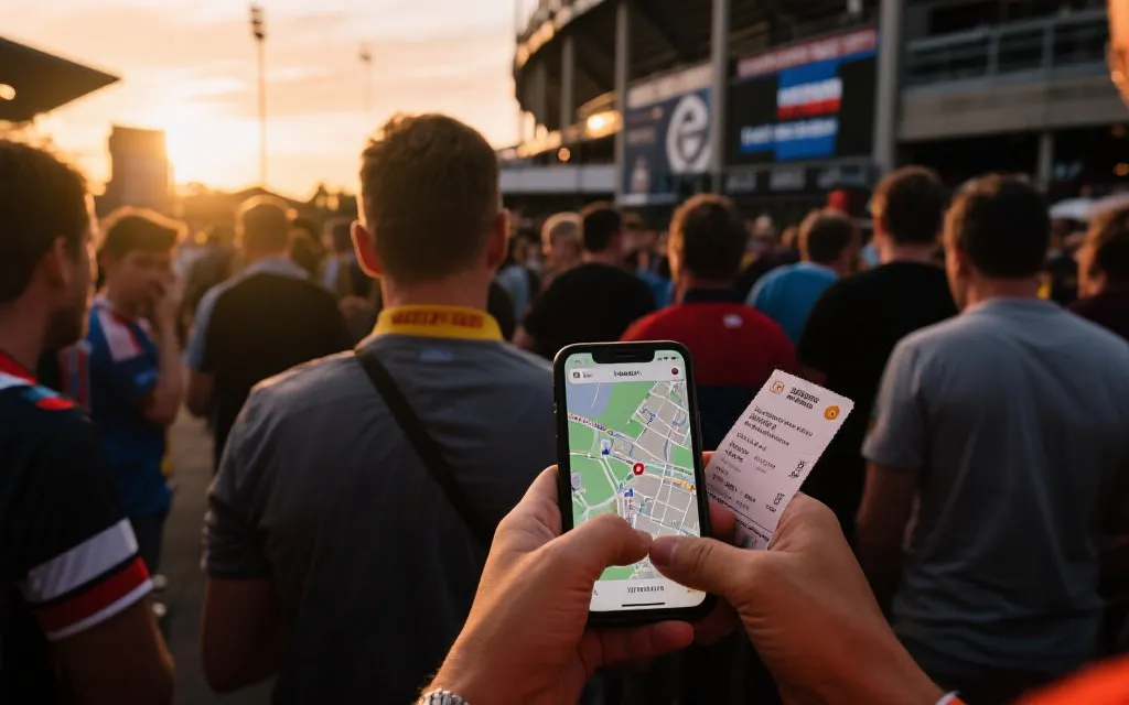 球迷在体育场外查看手机票务与交通路线的纪实风格画面